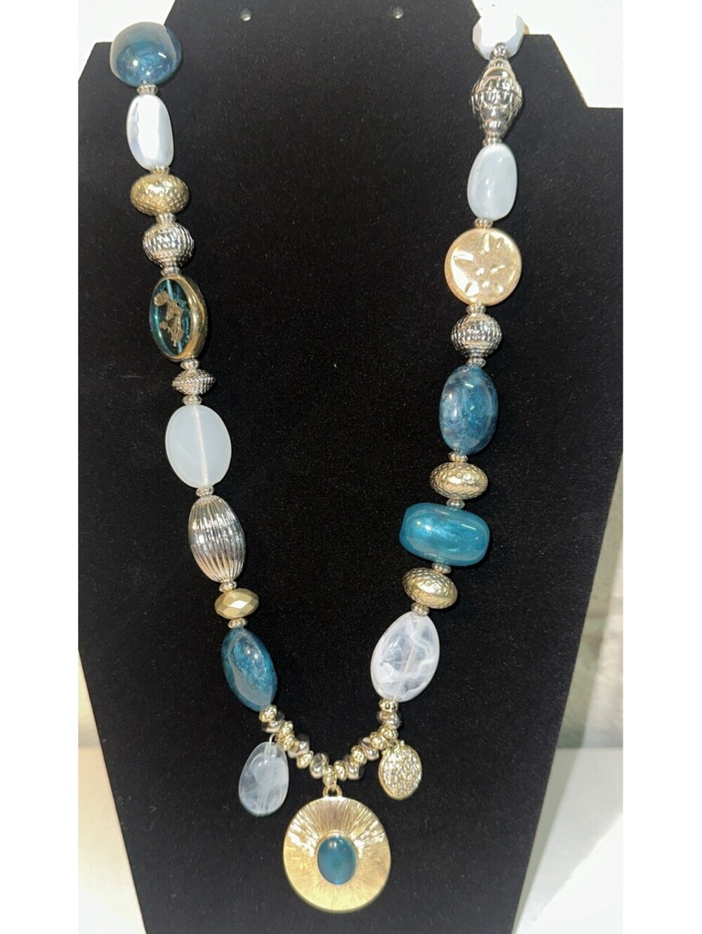 Chico's Oversized Statement Necklace Teal White Golf Green Mixed Bead 42” Adj.